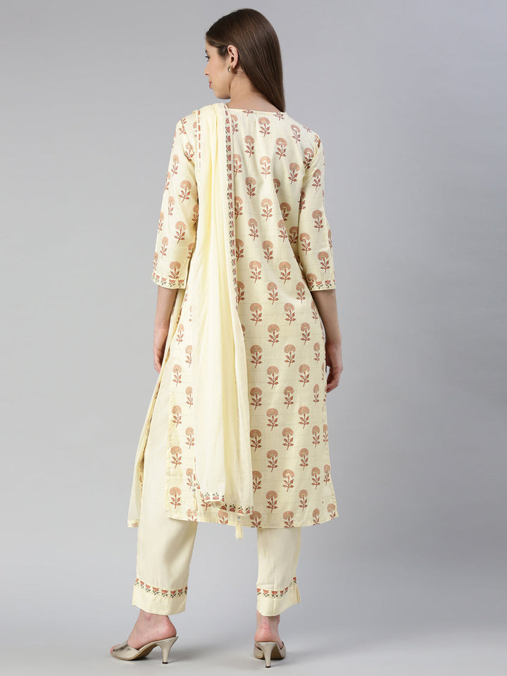 Neerus Yellow Rayon Printed Kurta Set with Trouser and Dupatta - side view