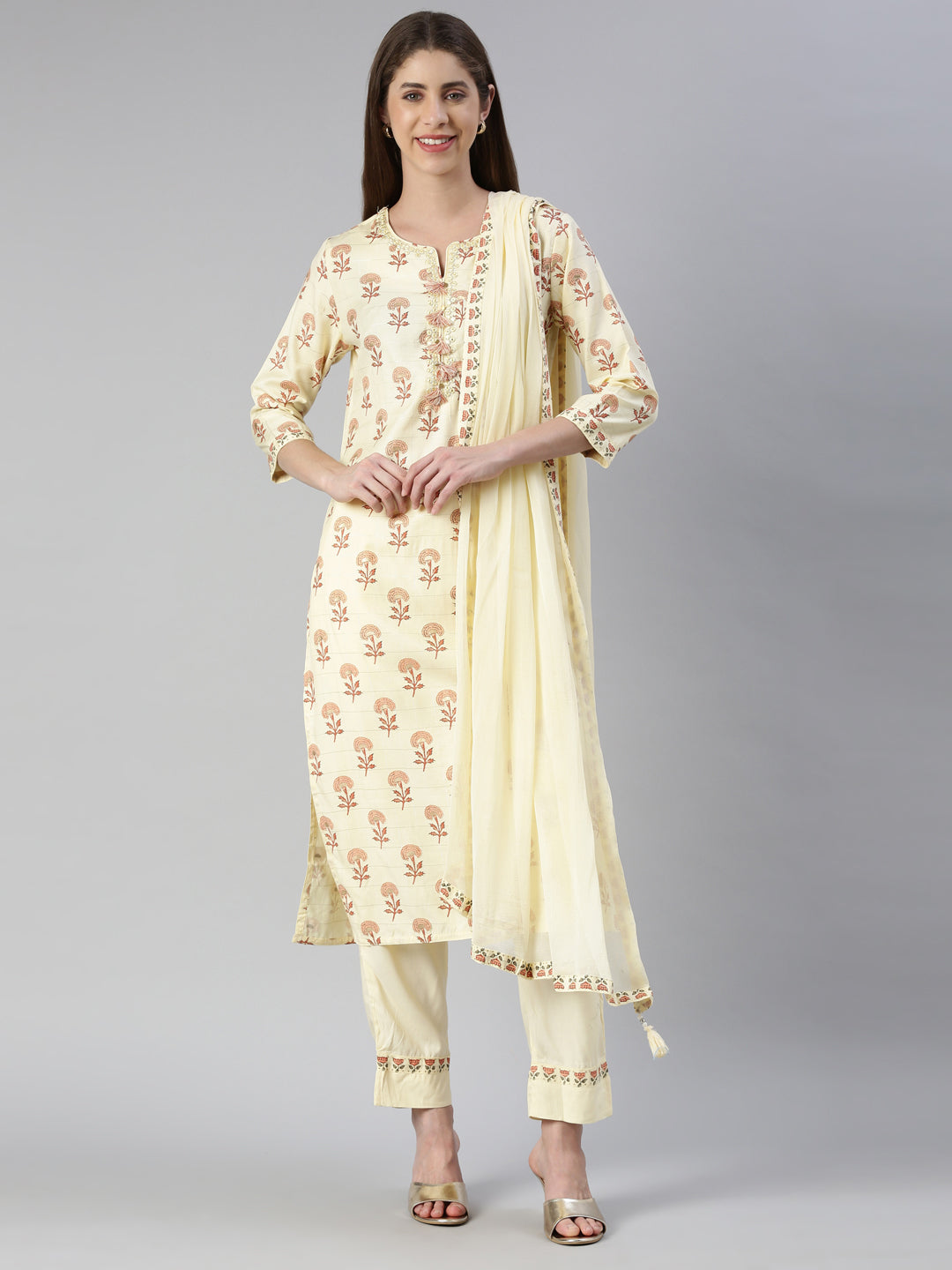 Neerus Yellow Rayon Printed Kurta Set with Trouser and Dupatta - detail view 2