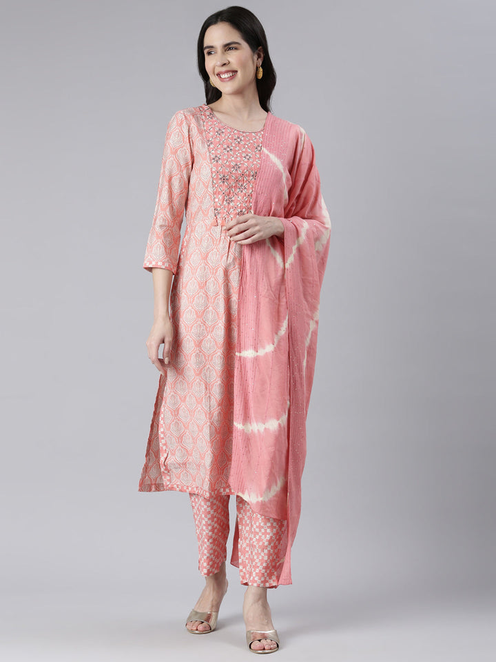 Neerus Pink Embroidered Kurta Set with Trouser and Dupatta - front view