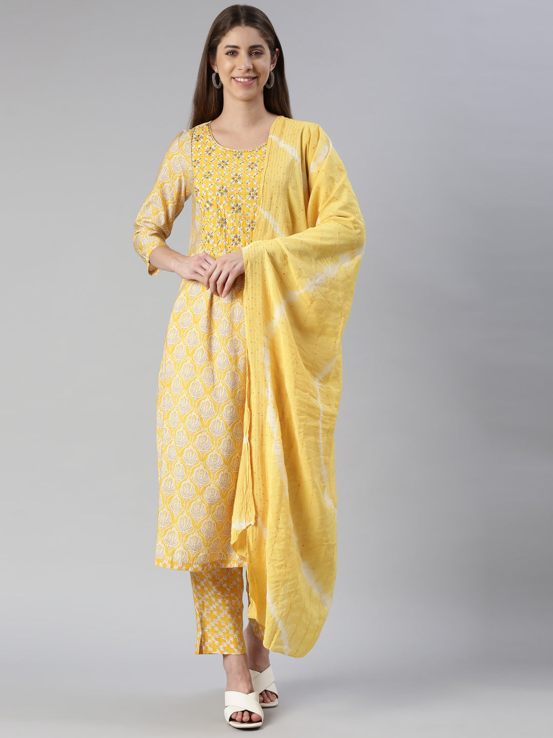 Neerus Yellow rayon embroidered kurta set - front view