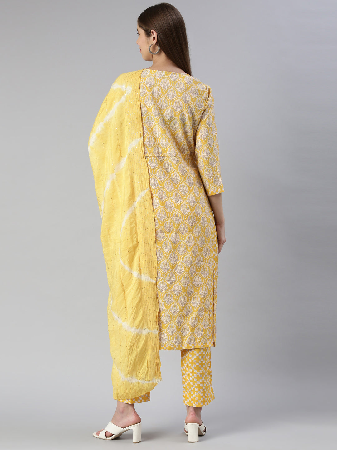 Neerus Yellow rayon embroidered kurta set - side view