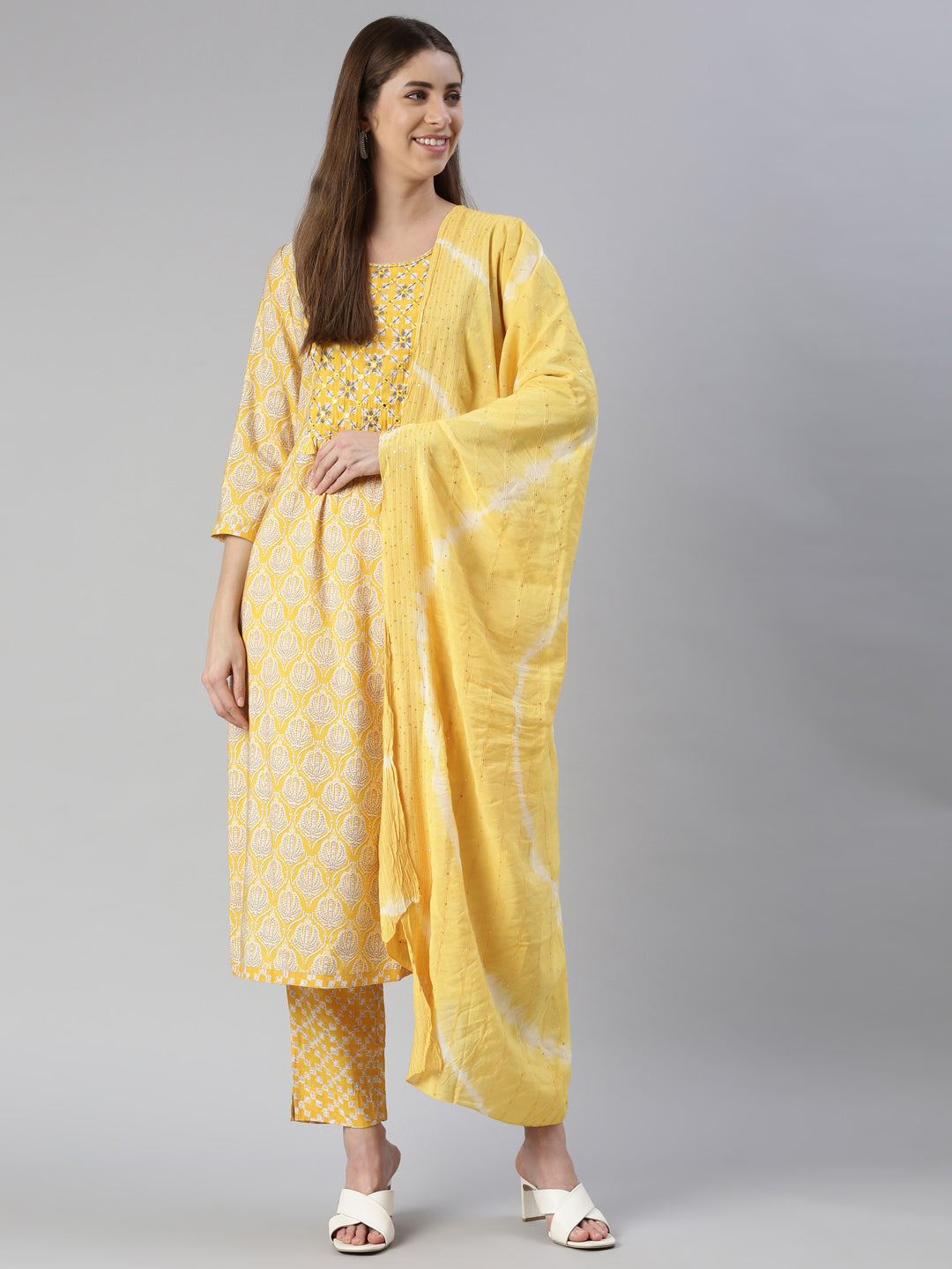 Neerus Yellow rayon embroidered kurta set - detail view 2