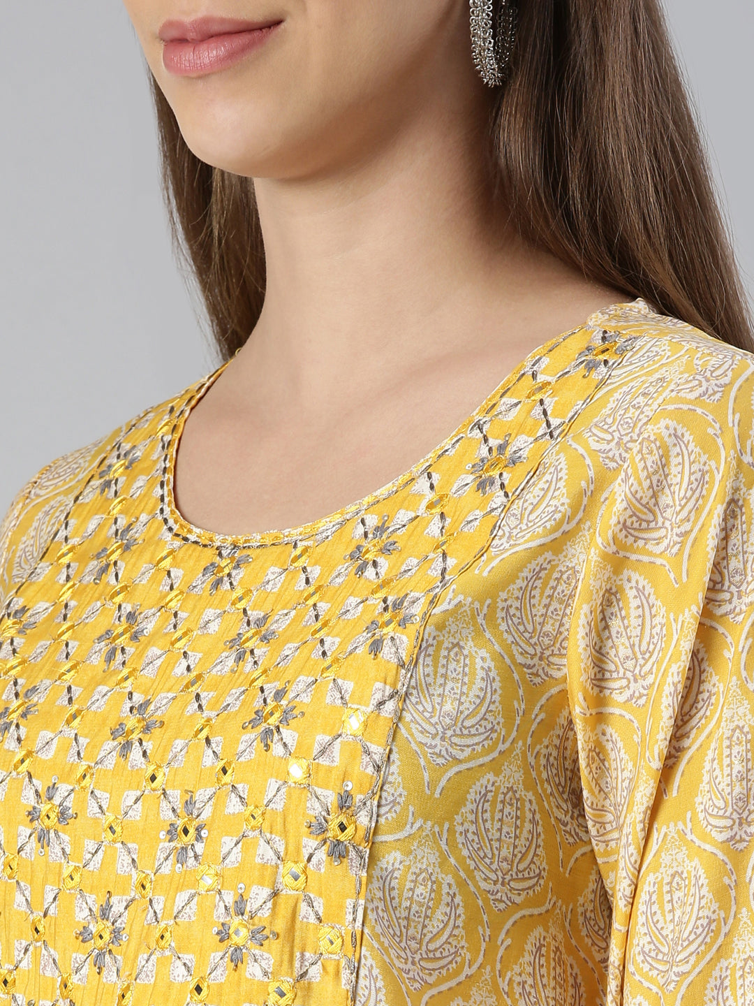 Neerus Yellow rayon embroidered kurta set - detail view 1