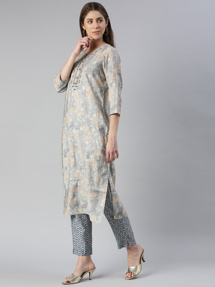 Neerus Blue printed kurta set with trouser and dupatta - back view