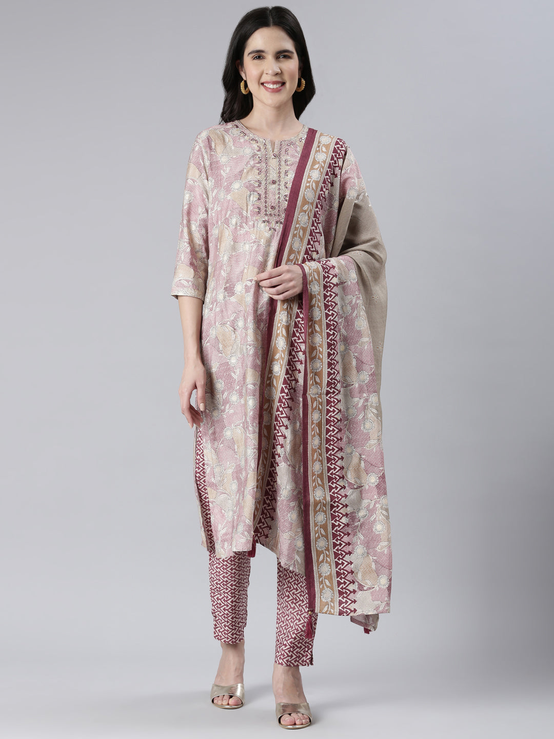 Neerus Maroon printed kurta set with trouser and dupatta - front view