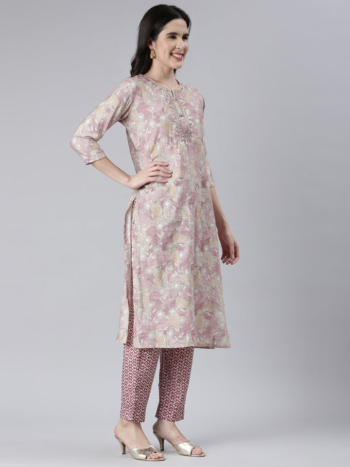 Neerus Maroon printed kurta set with trouser and dupatta - back view