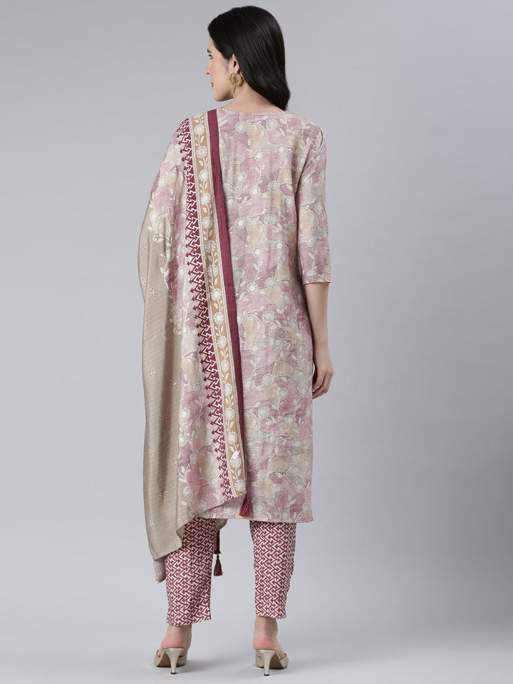 Neerus Maroon printed kurta set with trouser and dupatta - side view