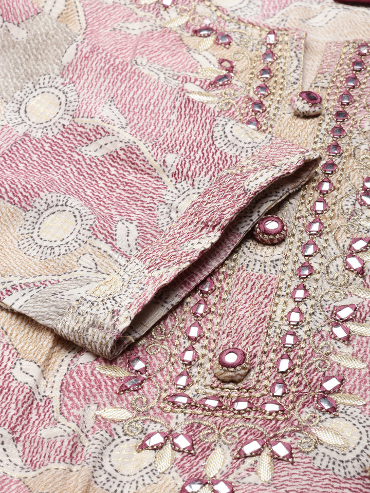 Neerus Maroon printed kurta set with trouser and dupatta - detail view 3