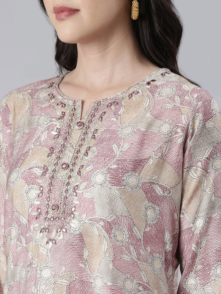 Neerus Maroon printed kurta set with trouser and dupatta - detail view 1