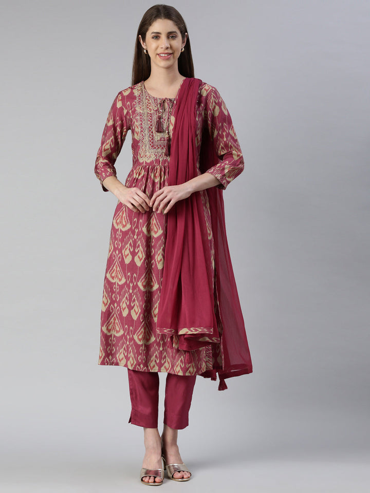 Neerus Pink Embroidered Kurta Set with Trouser and Dupatta - front view