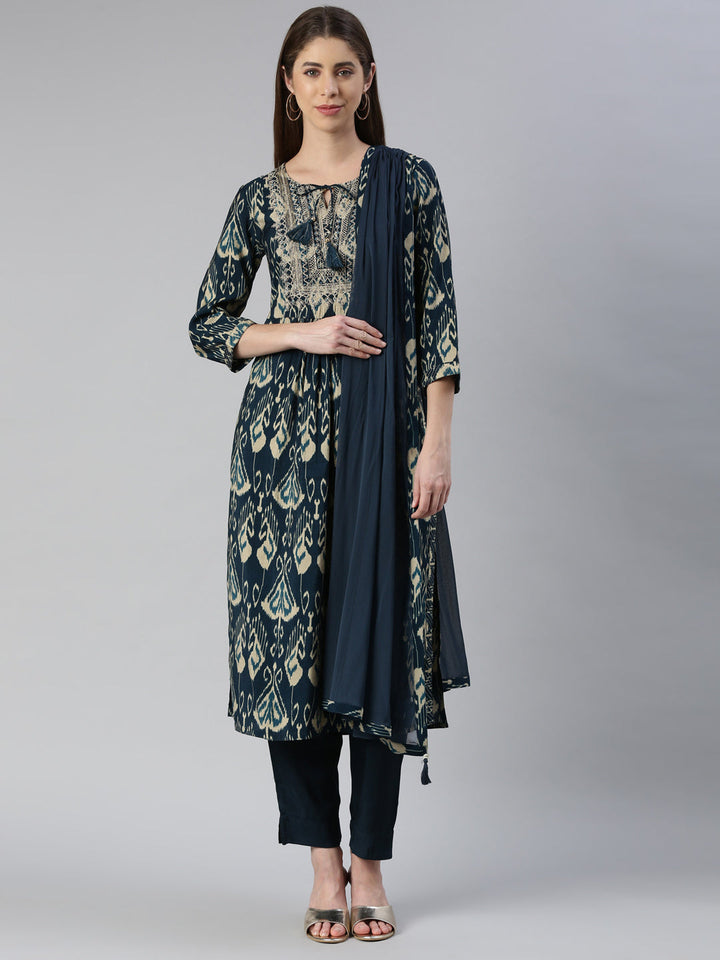 Neerus Blue embroidered kurta set with peacock yoke design - front view