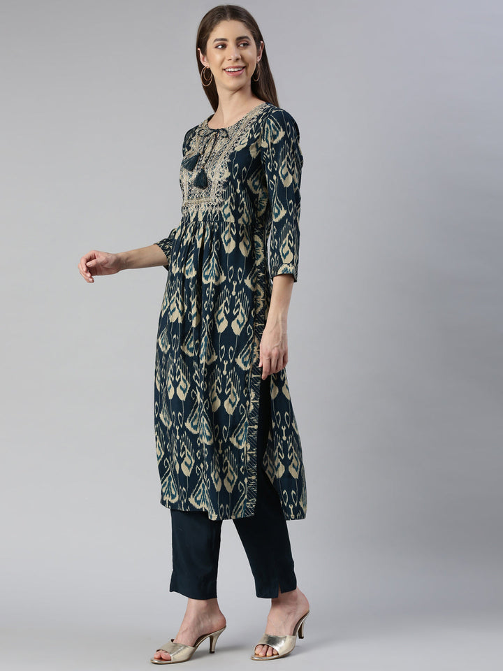 Neerus Blue embroidered kurta set with peacock yoke design - back view