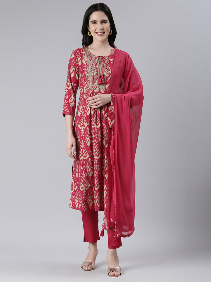 Neerus Pink embroidered kurta set with trouser and dupatta - front view