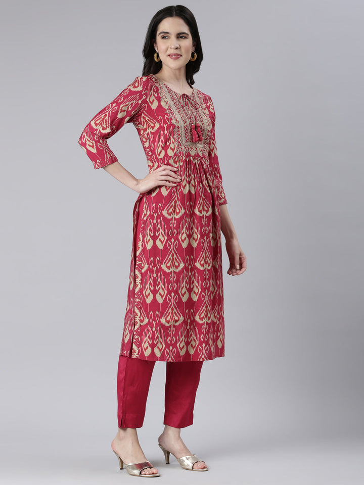 Neerus Pink embroidered kurta set with trouser and dupatta - back view