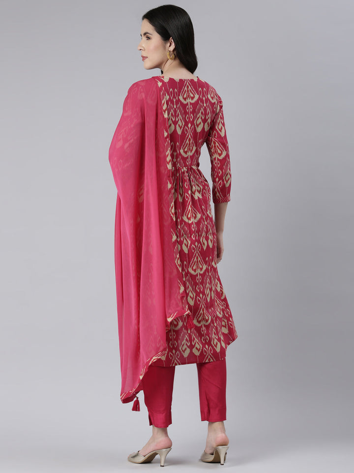 Neerus Pink embroidered kurta set with trouser and dupatta - side view