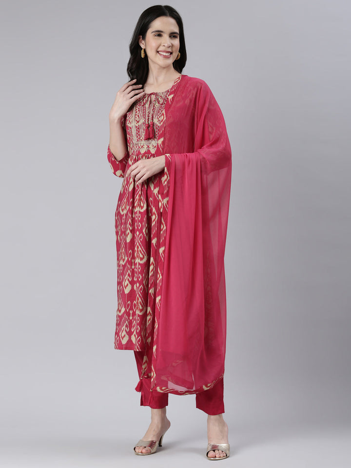 Neerus Pink embroidered kurta set with trouser and dupatta - detail view 2