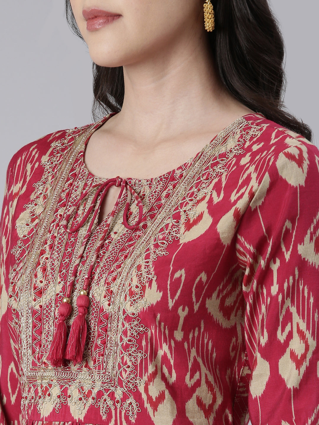 Neerus Pink embroidered kurta set with trouser and dupatta - detail view 1