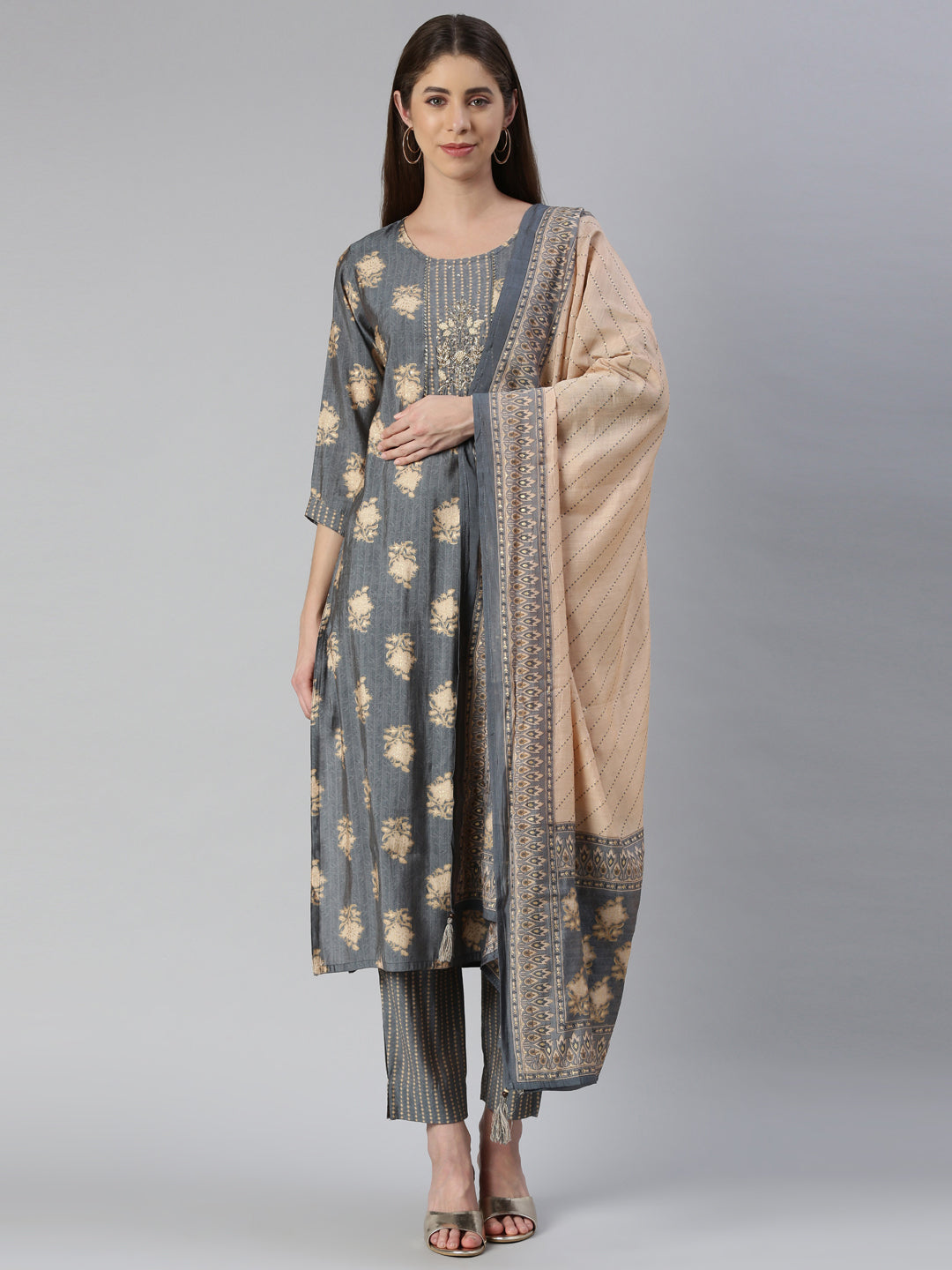 Neerus Grey solid straight kurta set with trouser and dupatta - front view