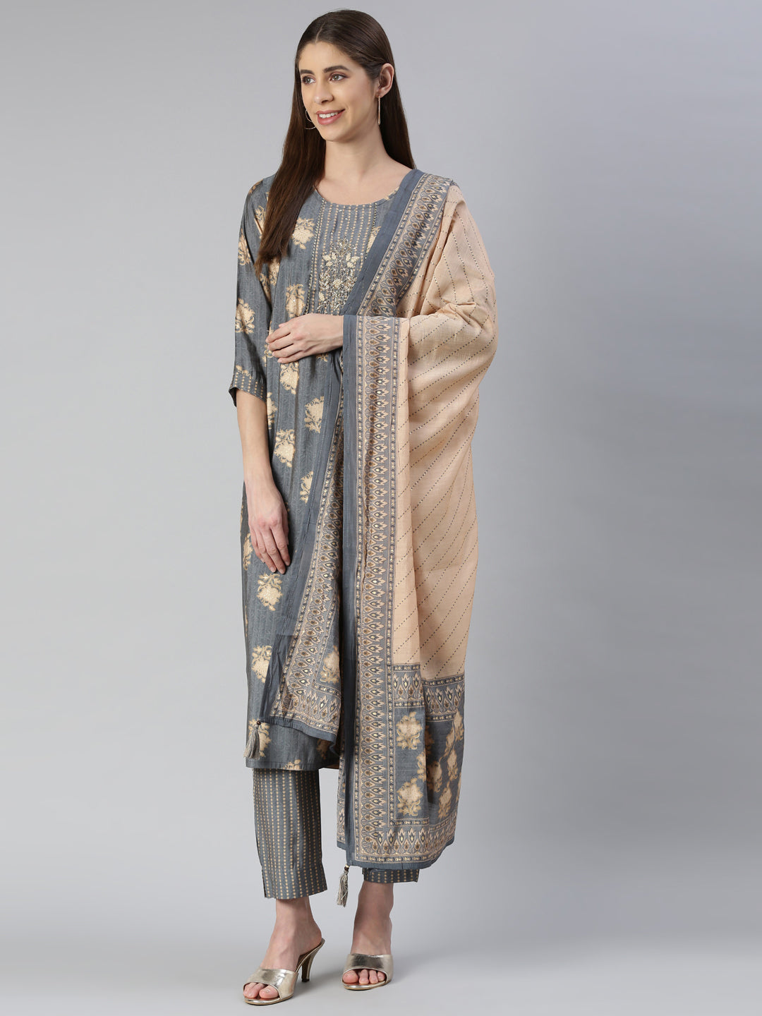 Neerus Grey solid straight kurta set with trouser and dupatta - detail view 2