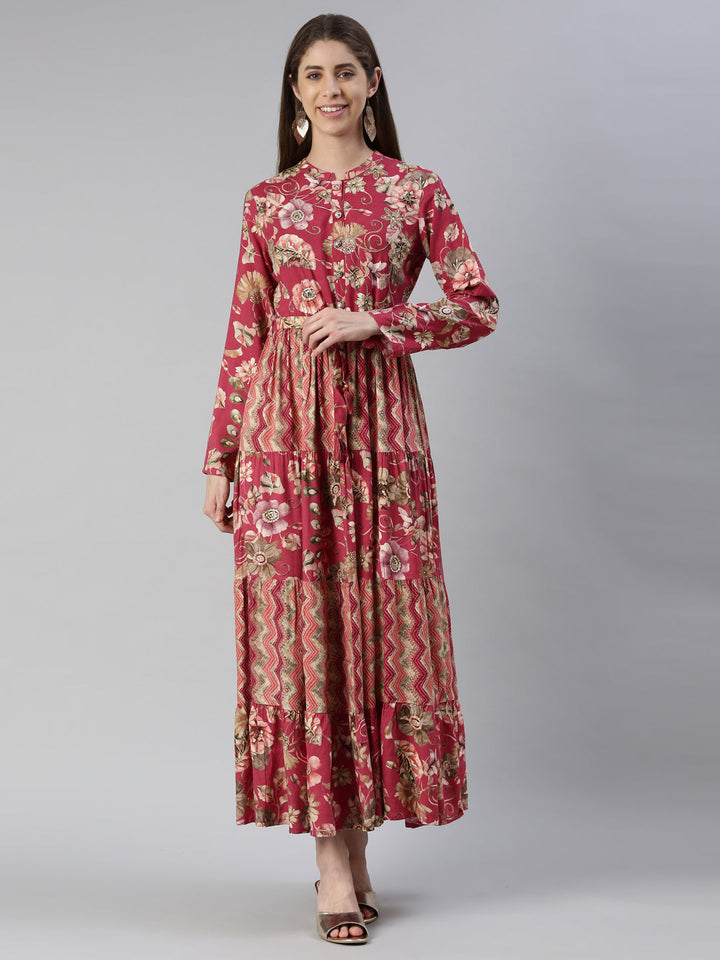 Neerus Pink printed maxi dress - front view