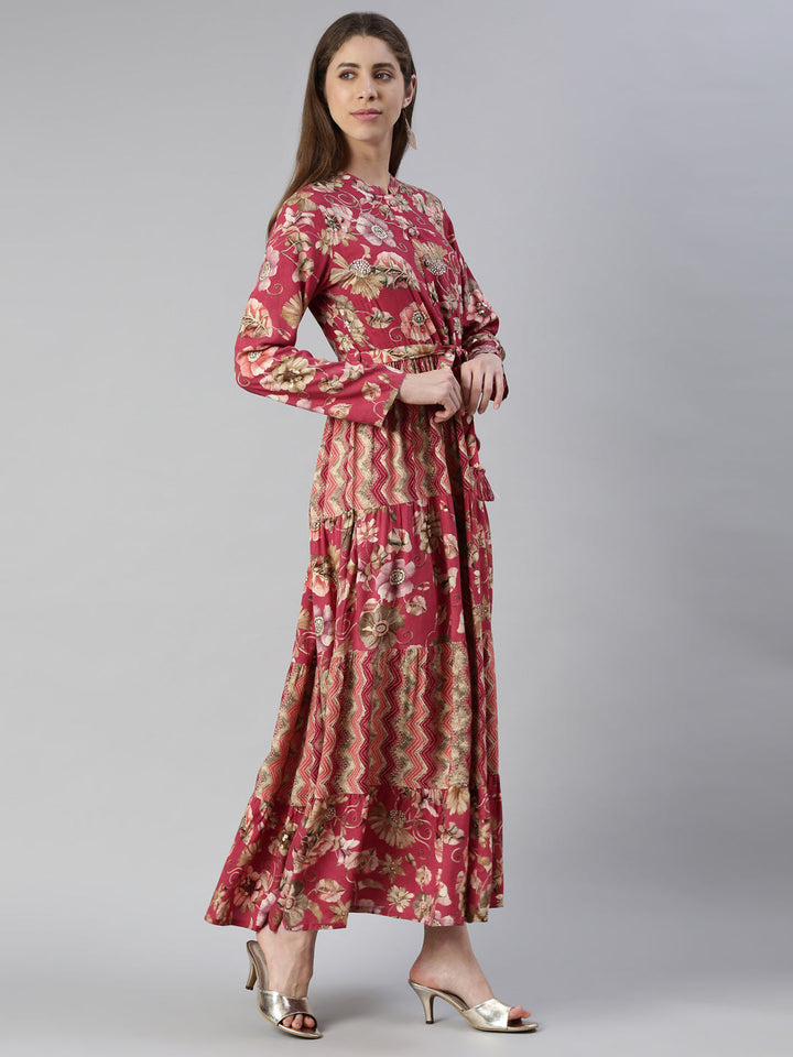 Neerus Pink printed maxi dress - back view