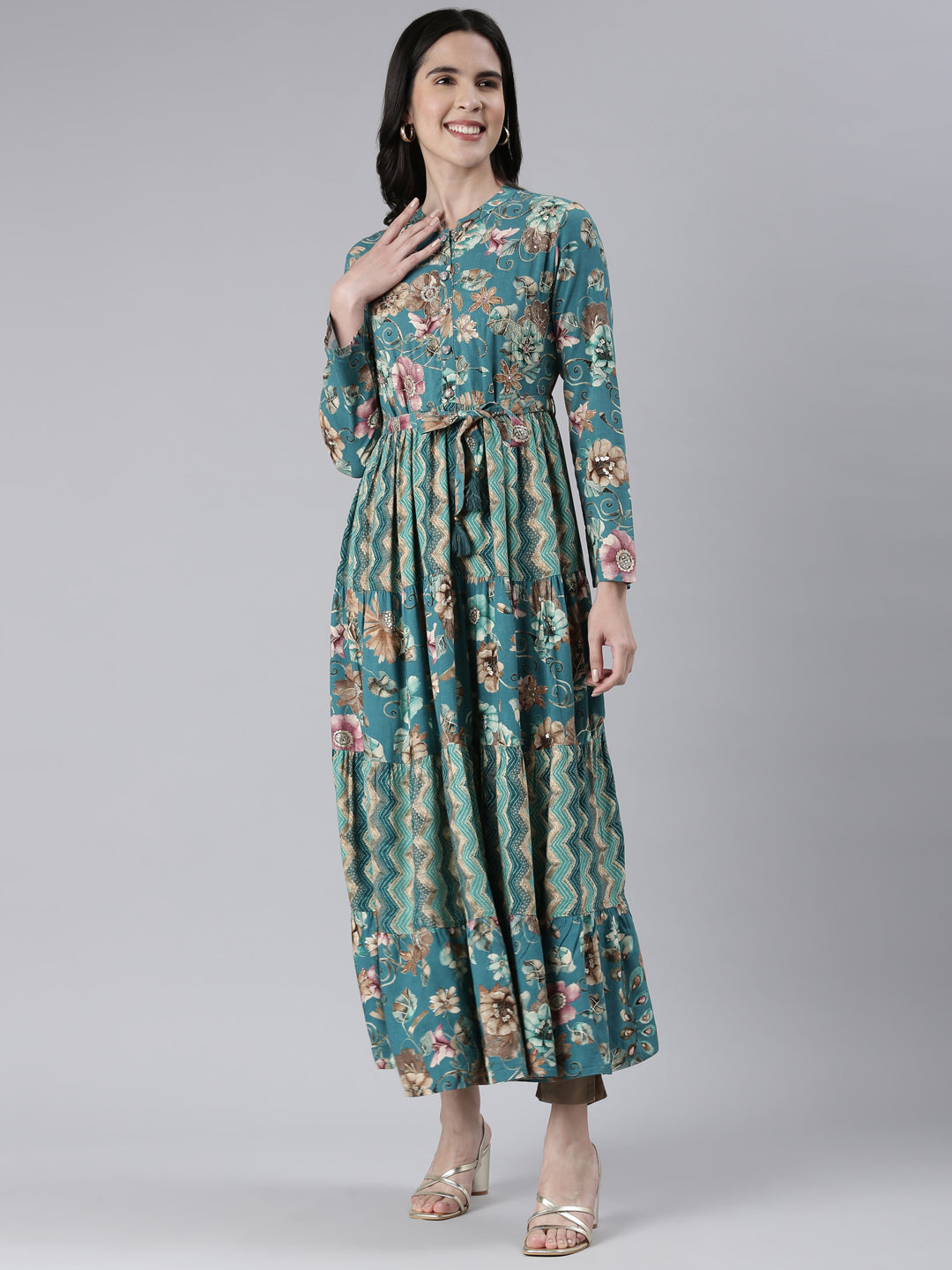 Neerus Green printed maxi dress - front view