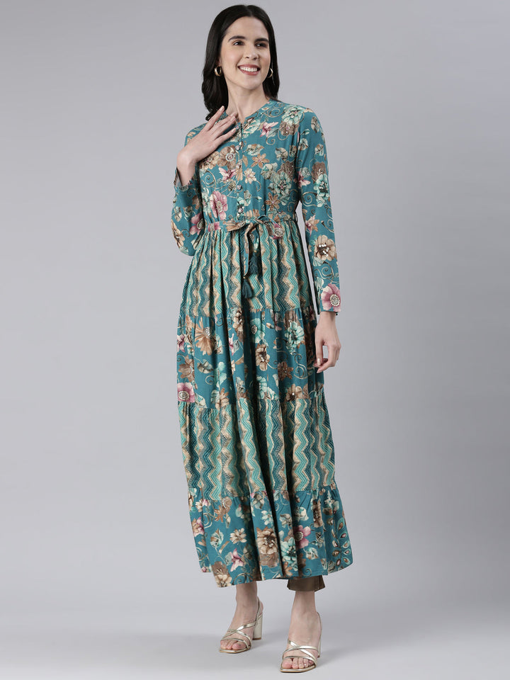 Neerus Green printed maxi dress - front view