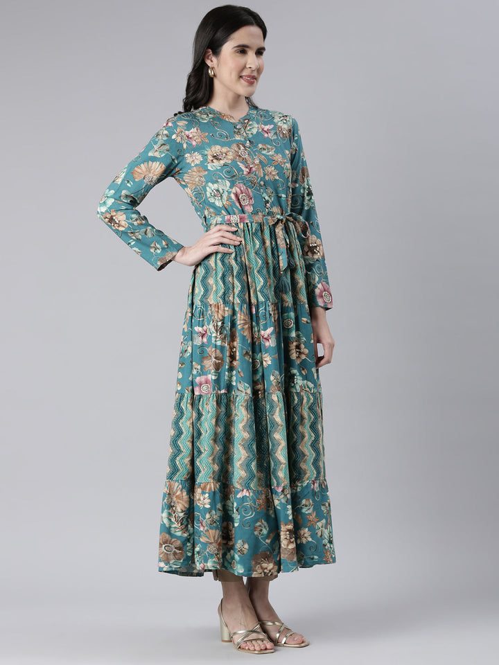 Neerus Green printed maxi dress - back view