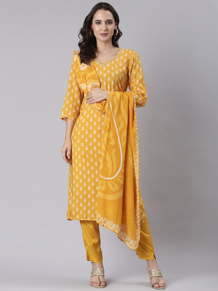 Mustard Muslin Printed Three Piece Set