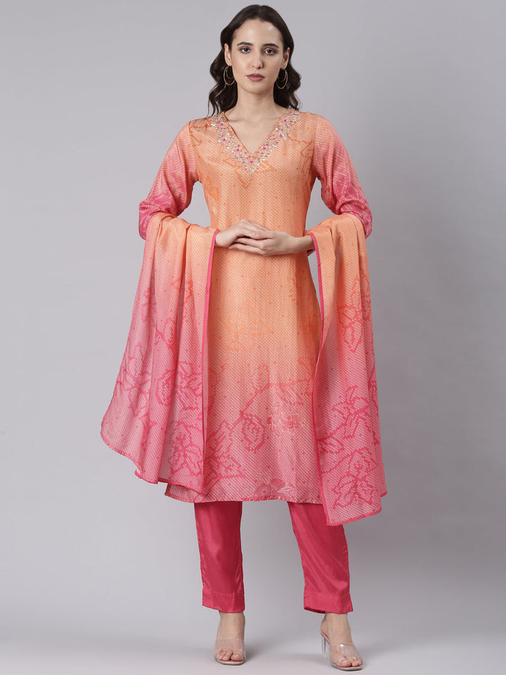 Orange Shimmer Hand Work Three Piece Set