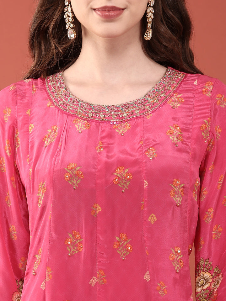 Pink Crepe Floral Digital Print Three Piece Set