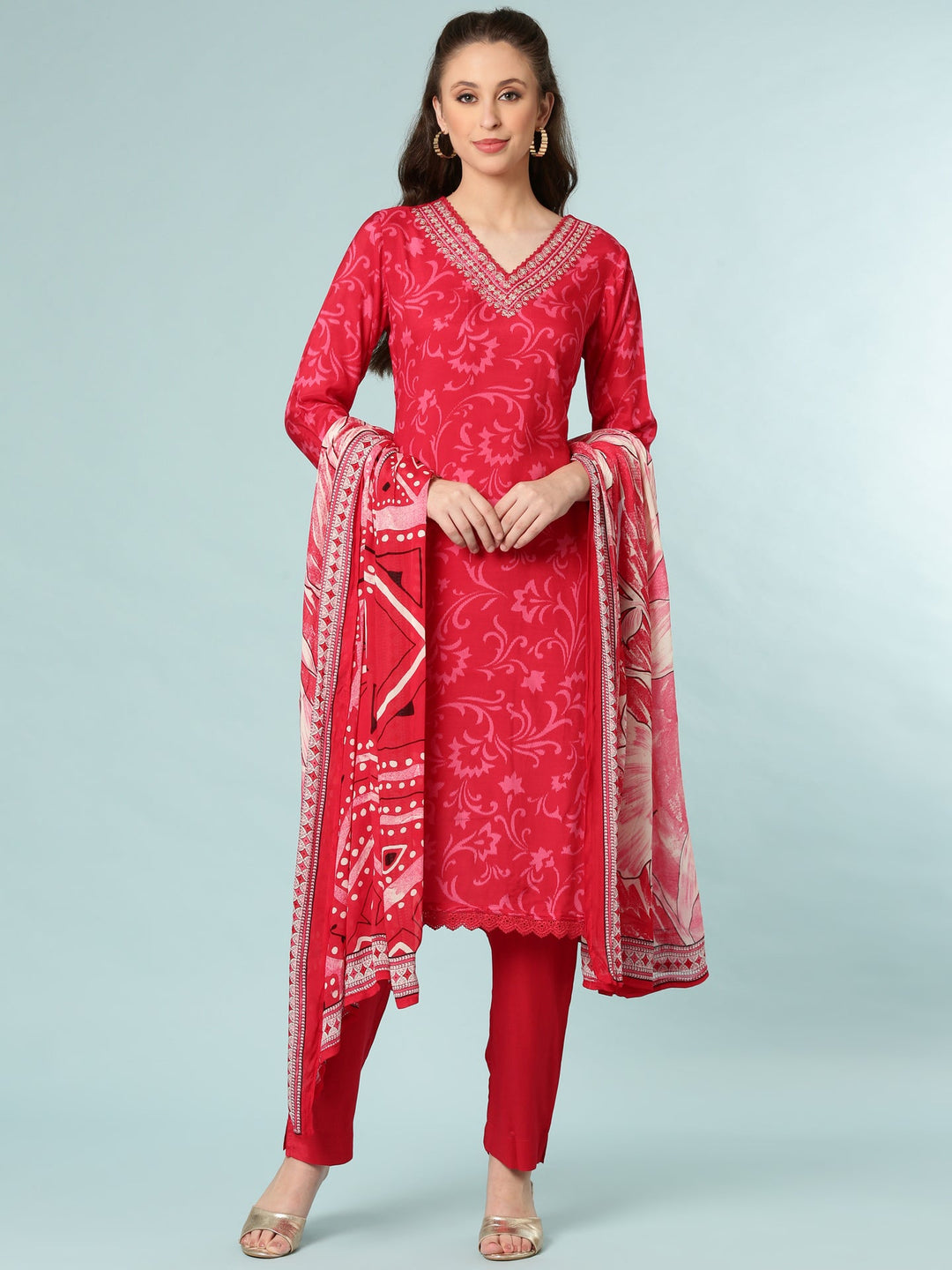 Neerus Pink silk digital printed suit set - front view