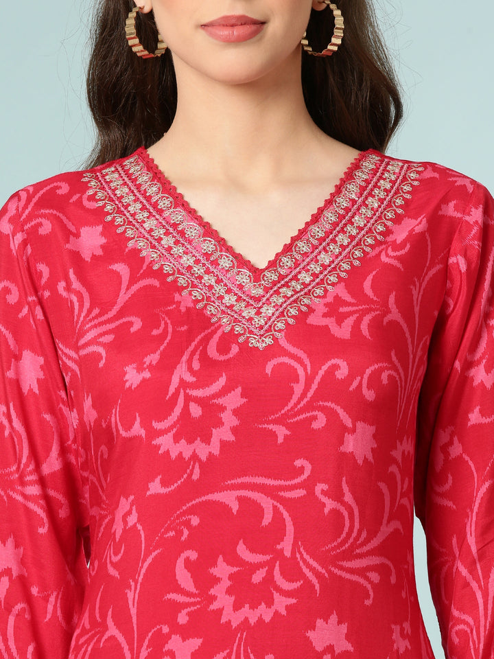 Rani Pink Dola Silk Digital Print Three Piece Set