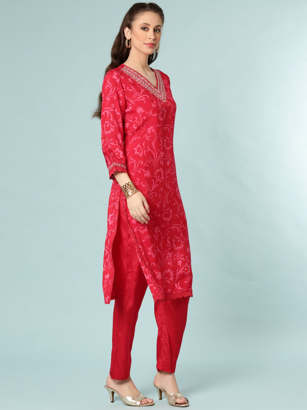 Neerus Pink silk digital printed suit set - back view