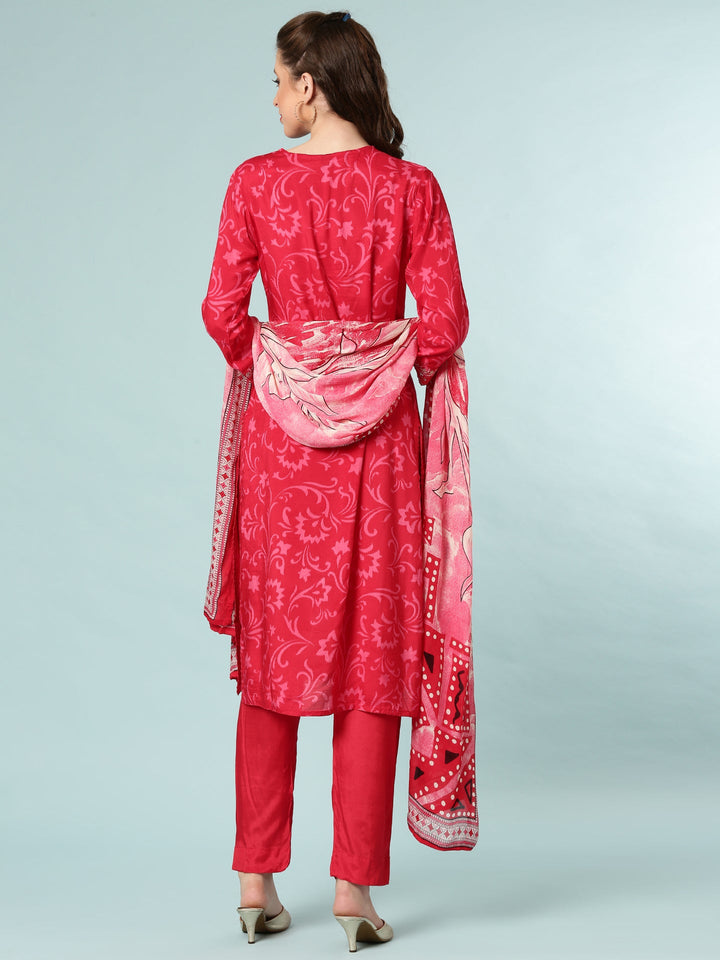 Rani Pink Dola Silk Digital Print Three Piece Set