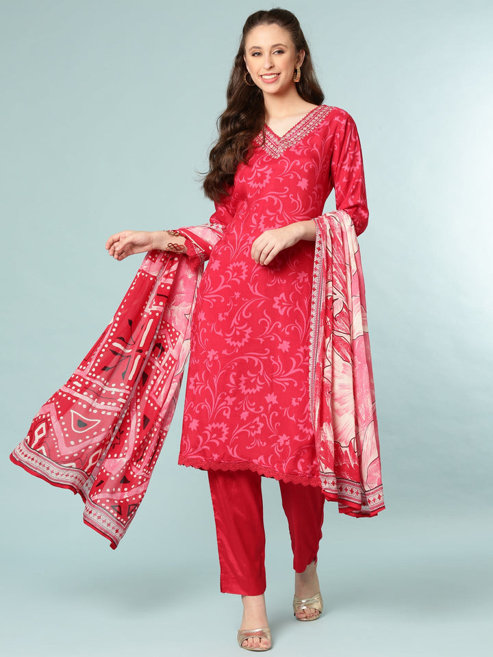 Rani Pink Dola Silk Digital Print Three Piece Set