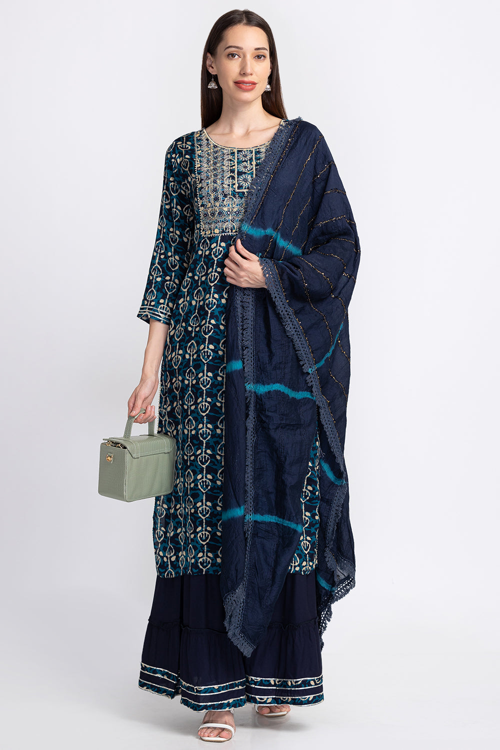 Neerus Blue georgette embellished kurta sharara set - front view