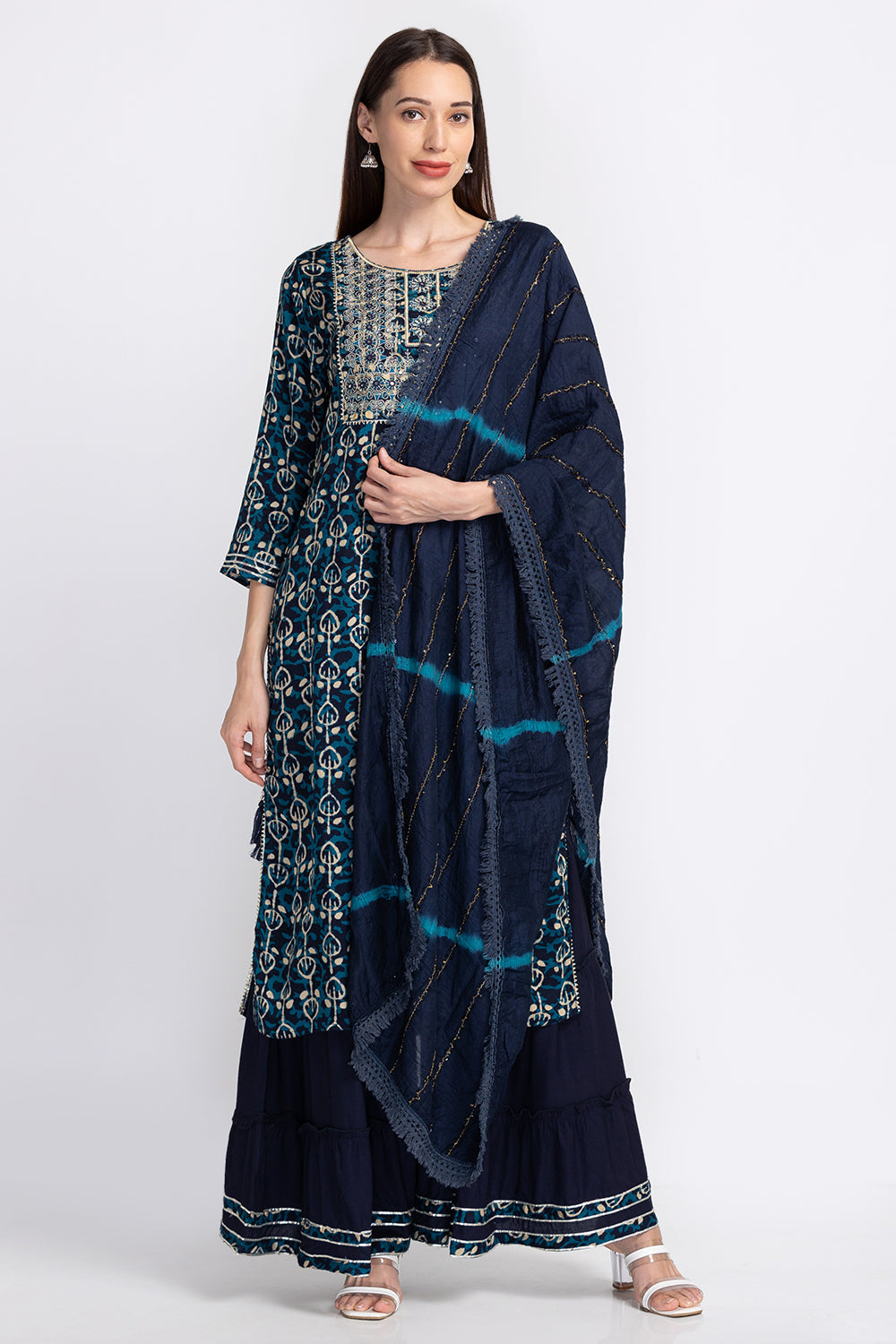 Neerus Blue georgette embellished kurta sharara set - detail view 2