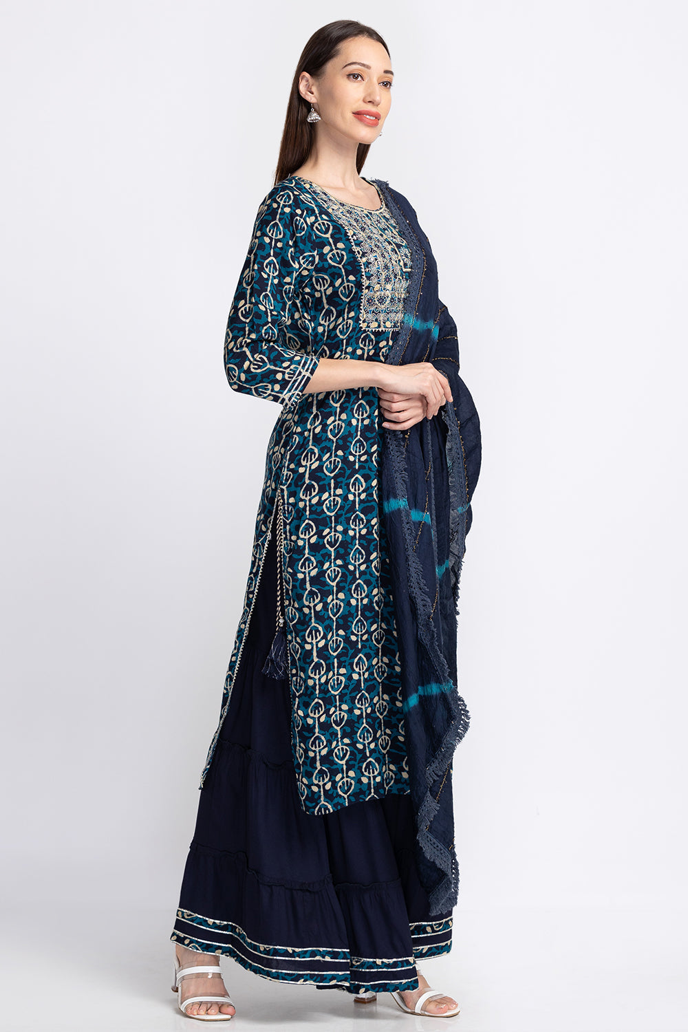 Neerus Blue georgette embellished kurta sharara set - back view