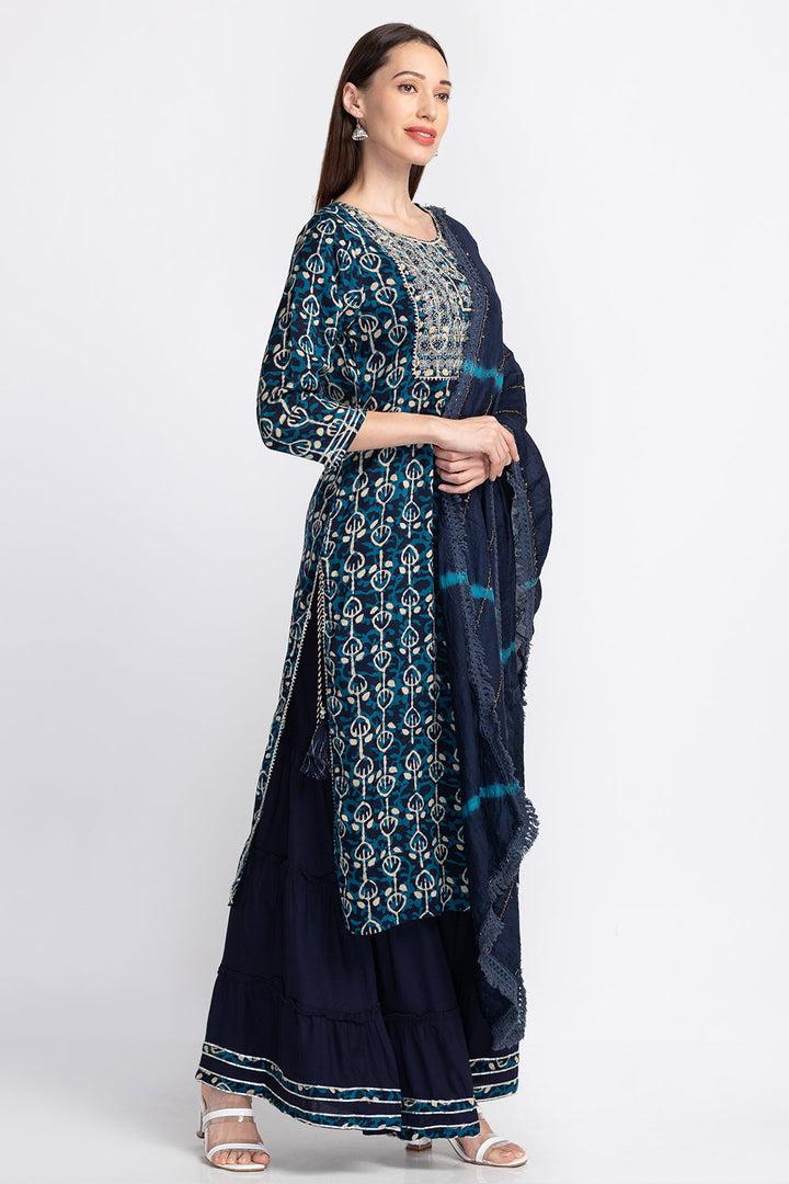 Neerus Blue georgette embellished kurta sharara set - back view