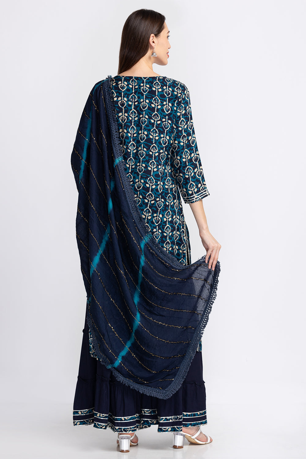 Neerus Blue georgette embellished kurta sharara set - side view