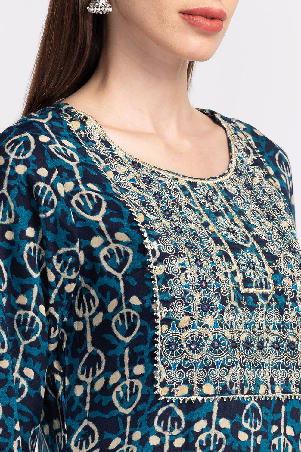 Neerus Blue georgette embellished kurta sharara set - detail view 1