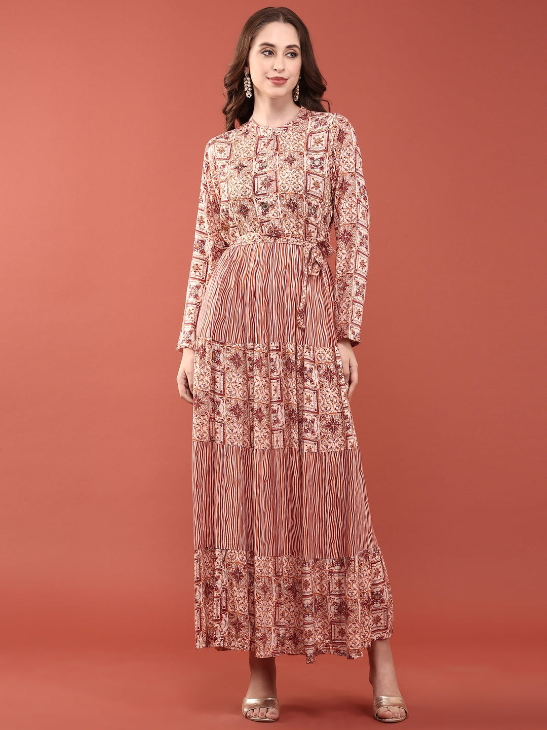 Neerus Orange Rayon Digital Printed Maxi Dress - front view