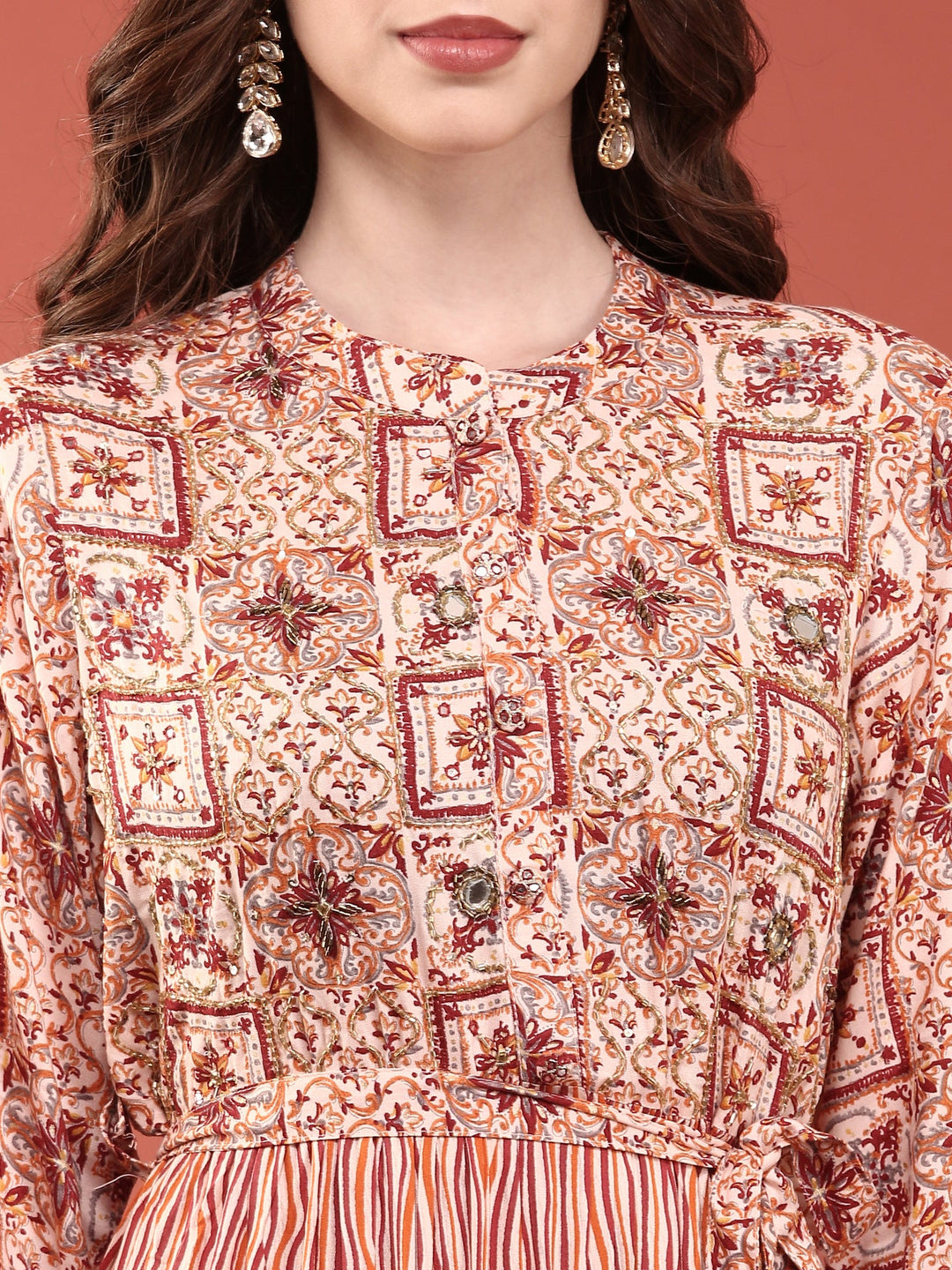 Neerus Orange Rayon Digital Printed Maxi Dress - detail view 1