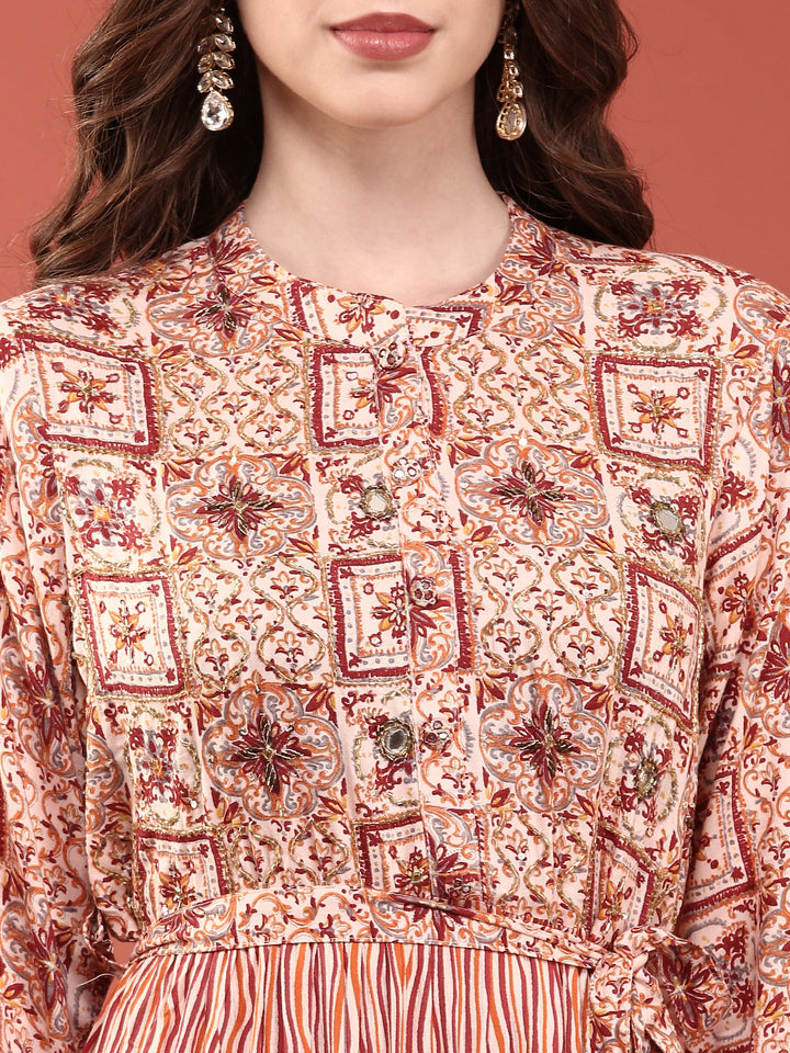 Peach Rayon Digital Print Long Dress