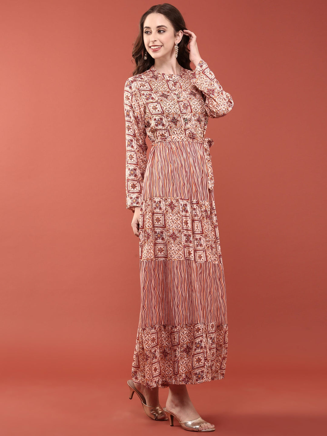 Neerus Orange Rayon Digital Printed Maxi Dress - back view