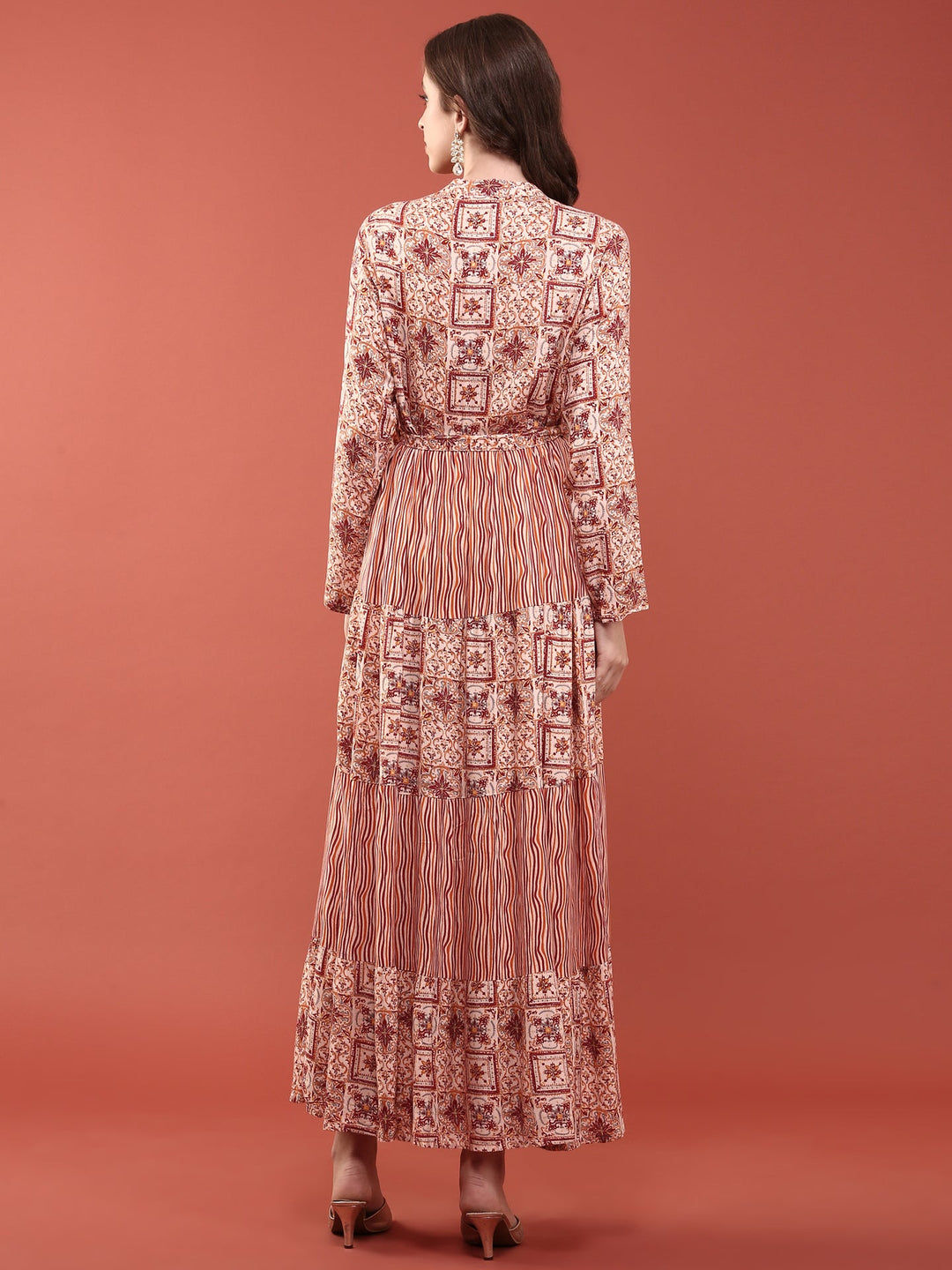 Neerus Orange Rayon Digital Printed Maxi Dress - side view