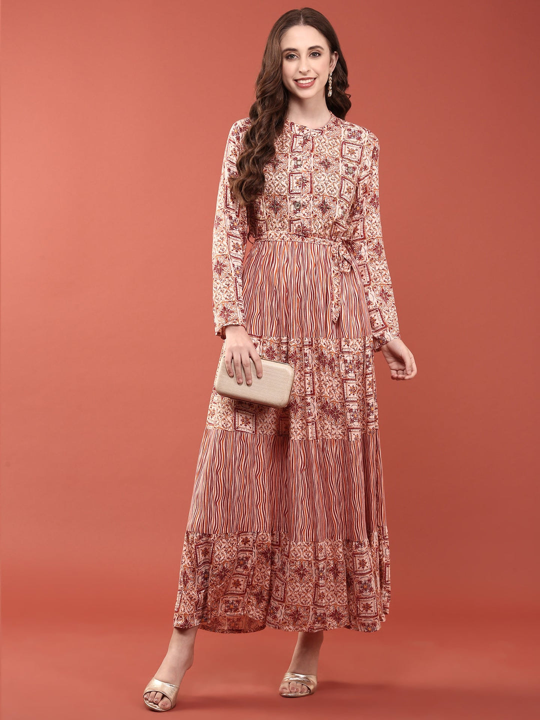 Neerus Orange Rayon Digital Printed Maxi Dress - detail view 2