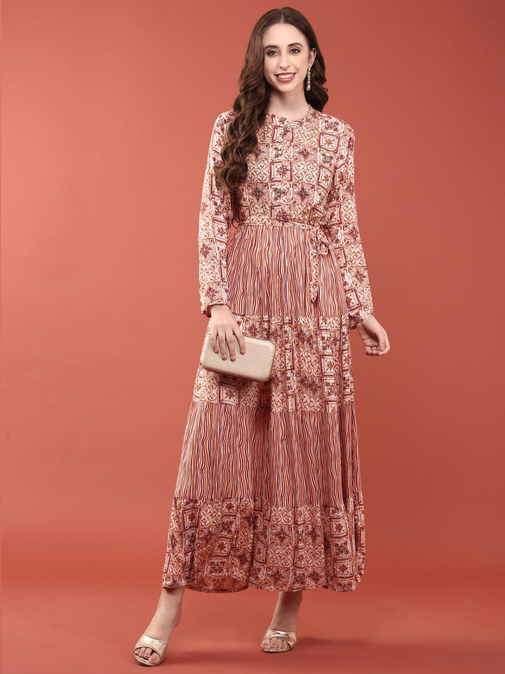 Peach Rayon Digital Print Long Dress