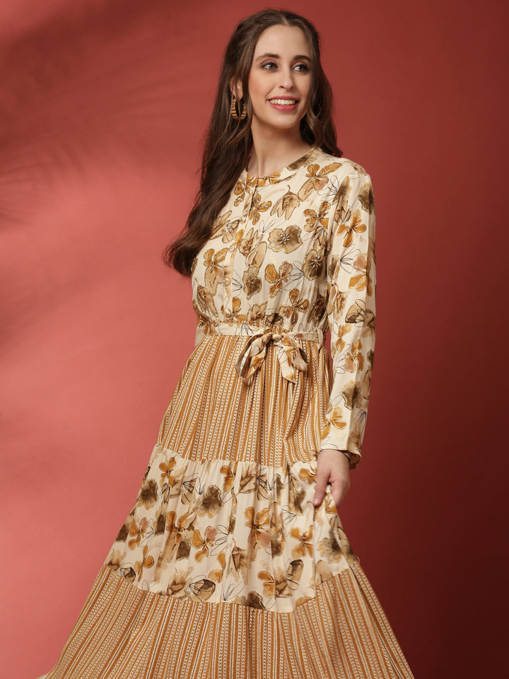 Beige rayon printed long dress with hand embroidery
